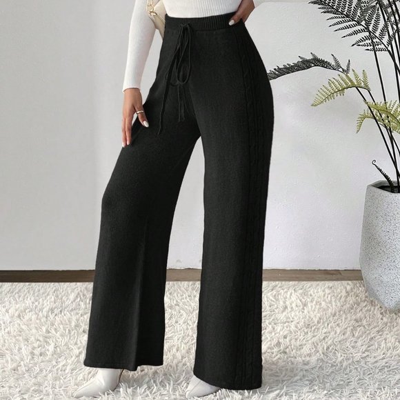 . Pants - Black Casual Womens Drawstring Waist Wide Leg Knit Pants